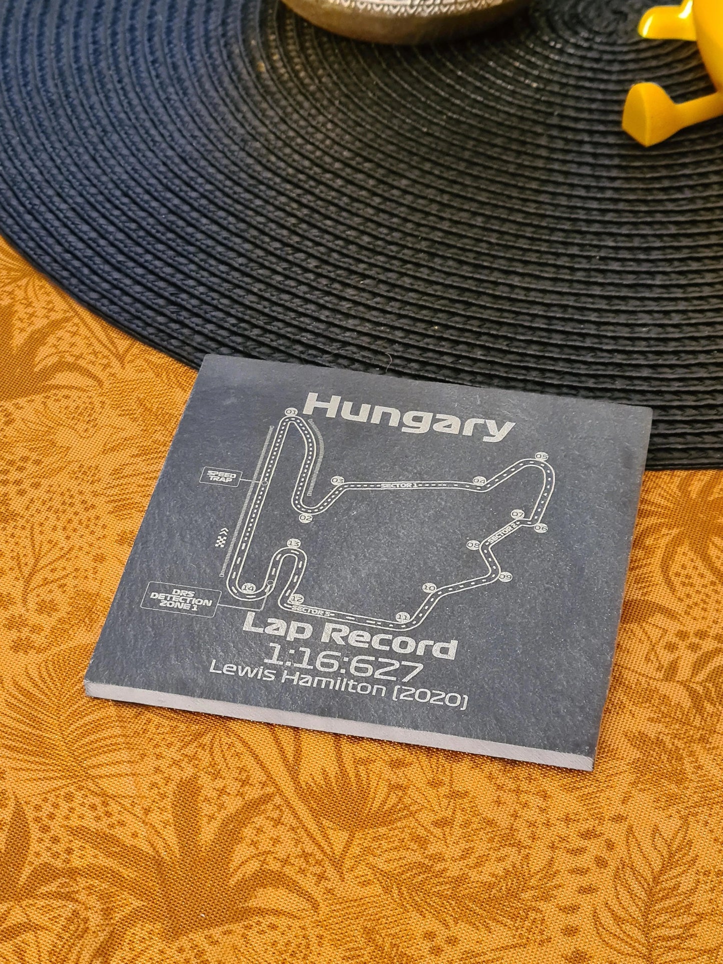 Hungary Hungaroring F1 circuit map black slate coaster with Lewis Hamilton's 2020 lap record, perfect F1 fan gift.