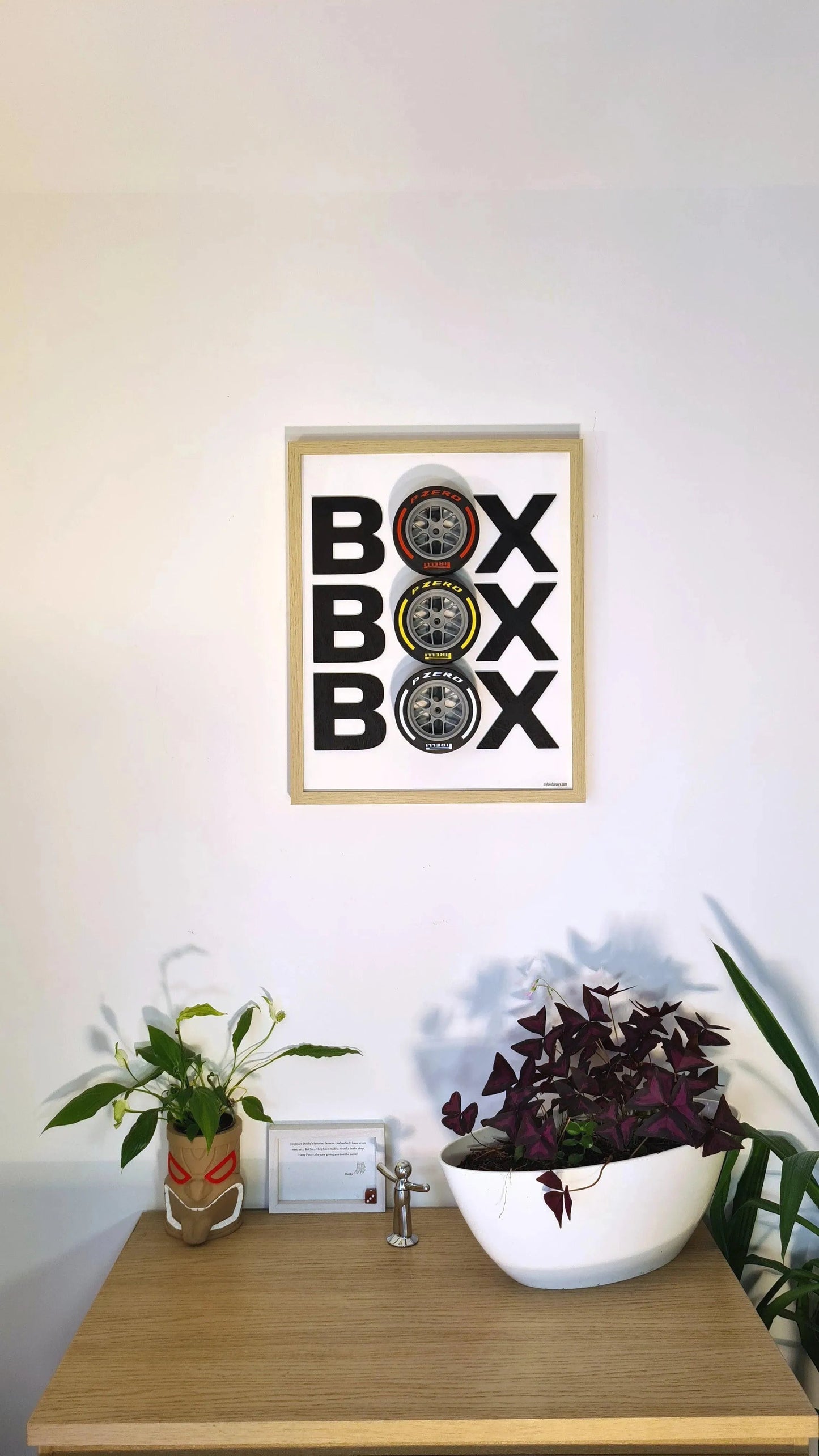 Framed Formula 1 'BOX BOX BOX' wall art with 3D Pirelli tire compounds: red, yellow, and white.