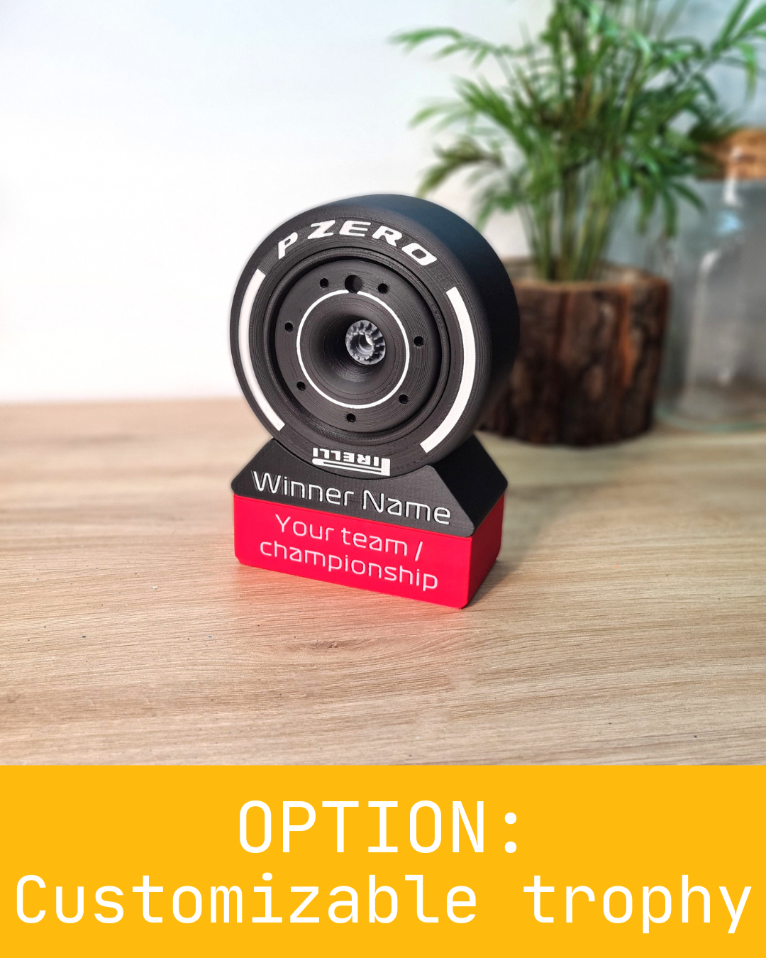 Customizable F1 Pirelli P Zero tire replica trophy with red base, personalized motorsport award.