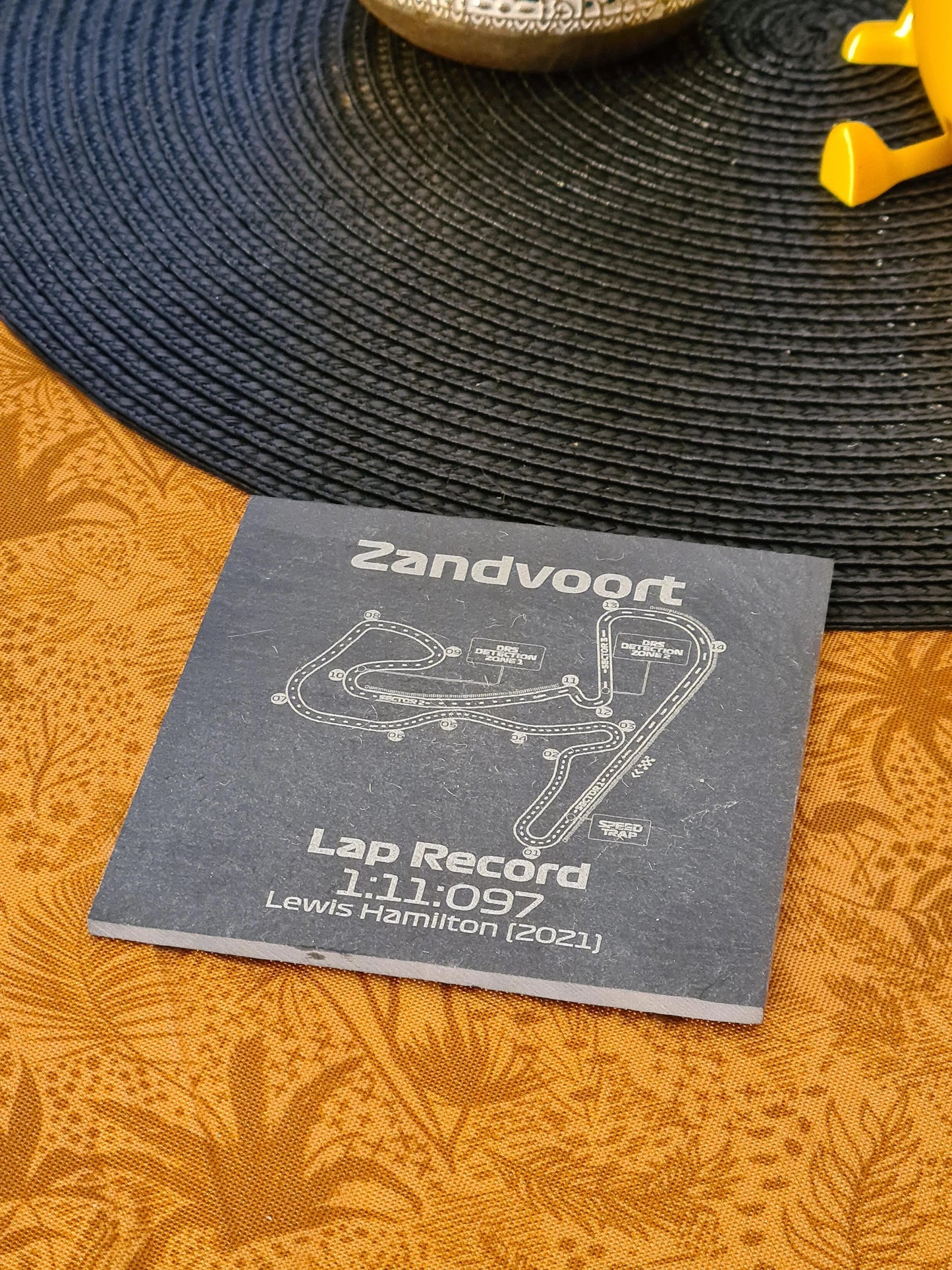 Zandvoort F1 circuit map slate coaster with Lewis Hamilton 2021 lap record, great F1 fan gift.