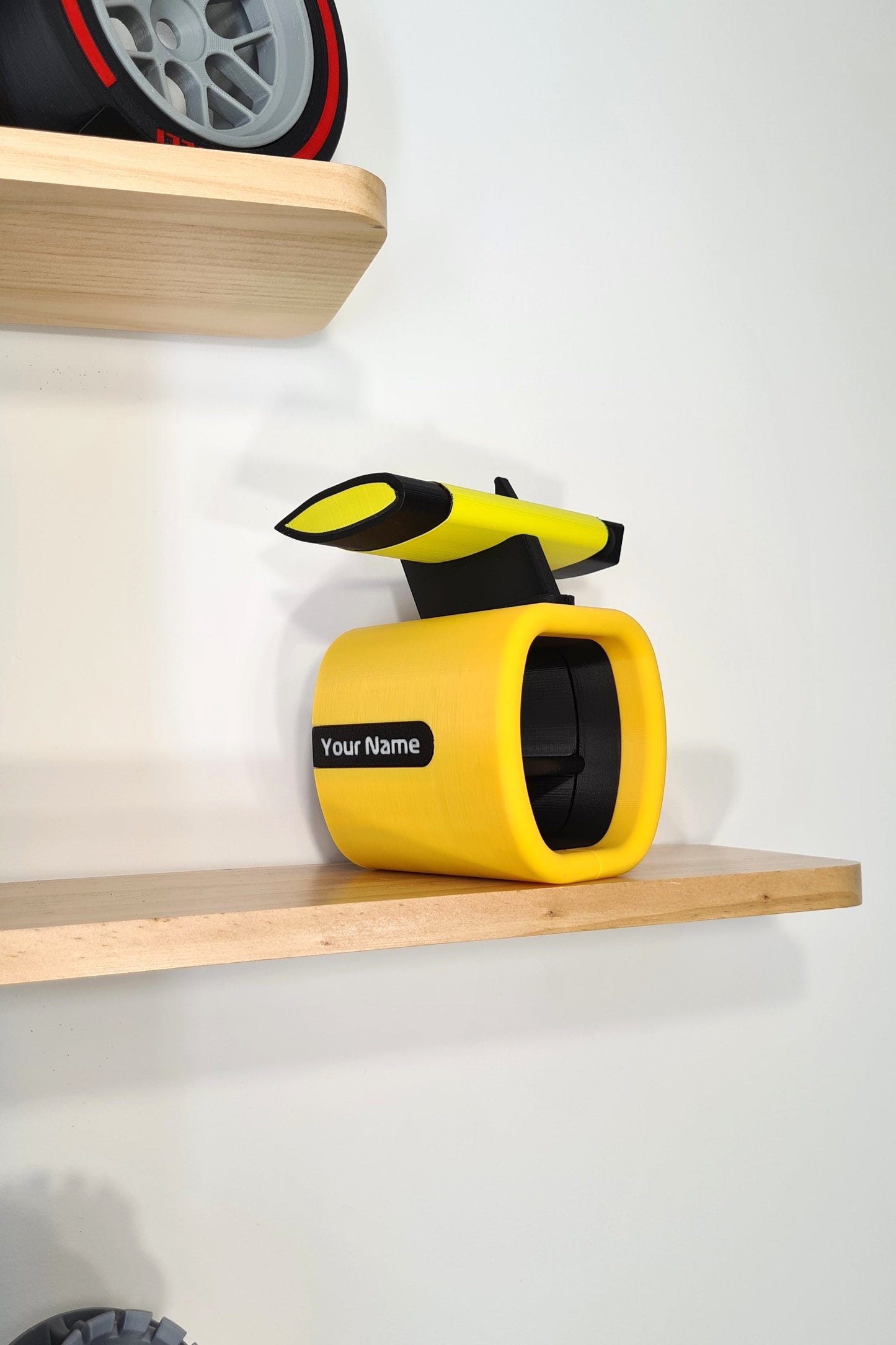 Yellow F1 air intake and rear wing desk display model with custom "Your Name" personalization, unique F1 fan gift.