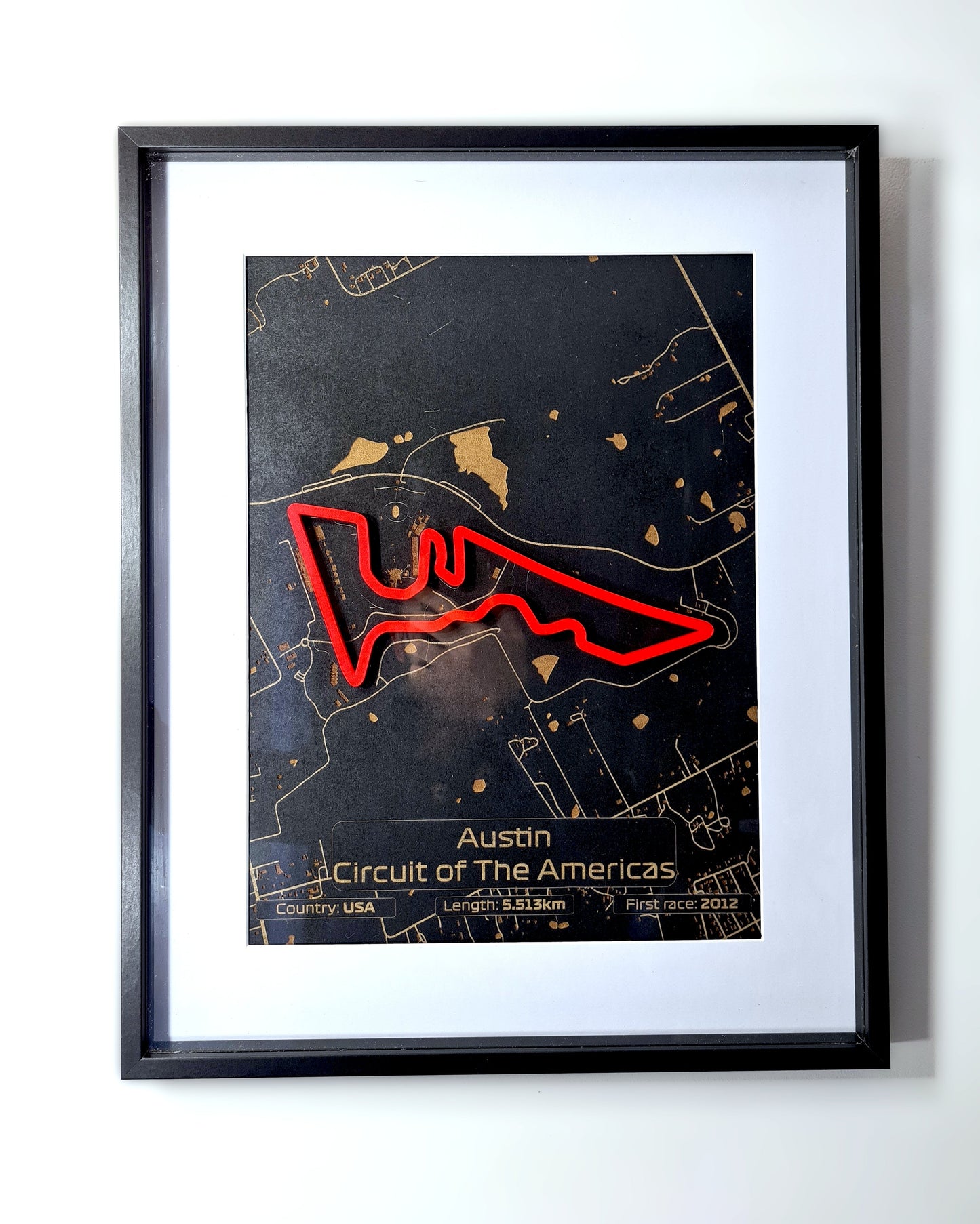 Red 3D Austin Circuit of The Americas F1 race track framed wall art, unique F1 fan gift.