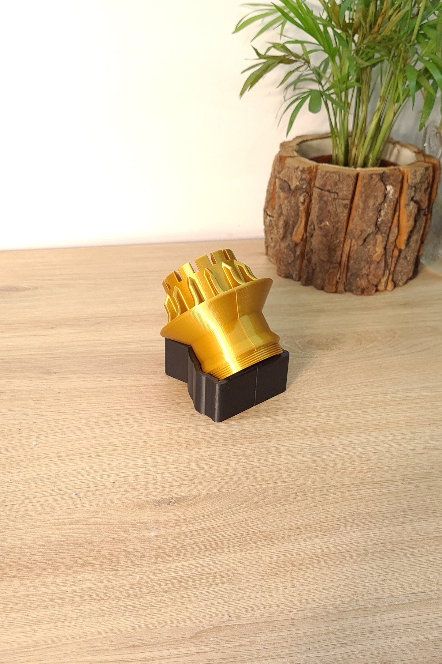 Intricate gold F1 trophy replica 3D print display, ideal Formula 1 fan gift.