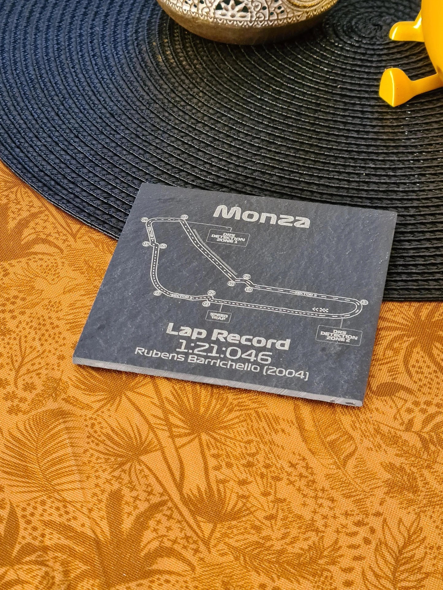 Monza Formula 1 circuit map slate coaster with Rubens Barrichello lap record, perfect F1 fan gift.