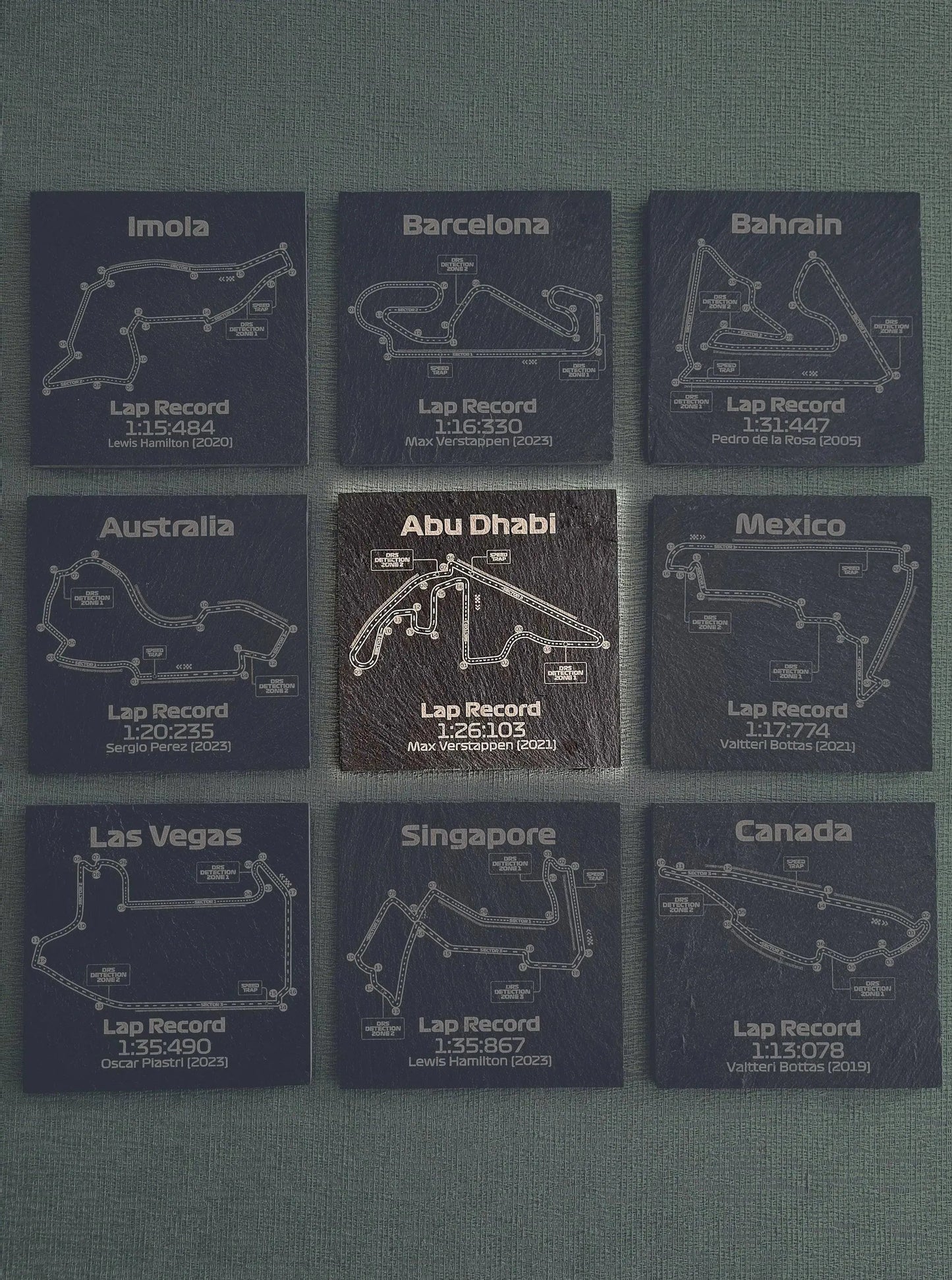 Engraved slate F1 circuit map coaster set with race track details and lap records, unique Formula 1 fan gift.