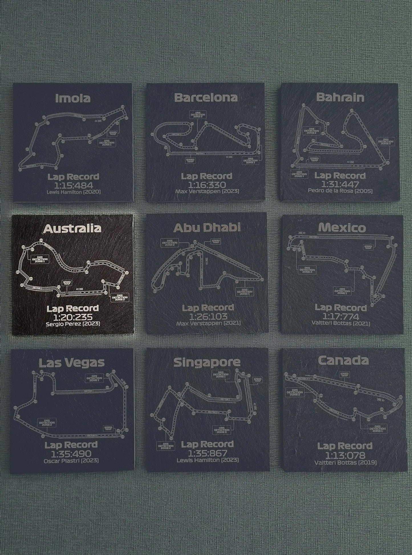 Set of 9 engraved slate F1 circuit map coasters with lap records, perfect unique F1 fan gift.