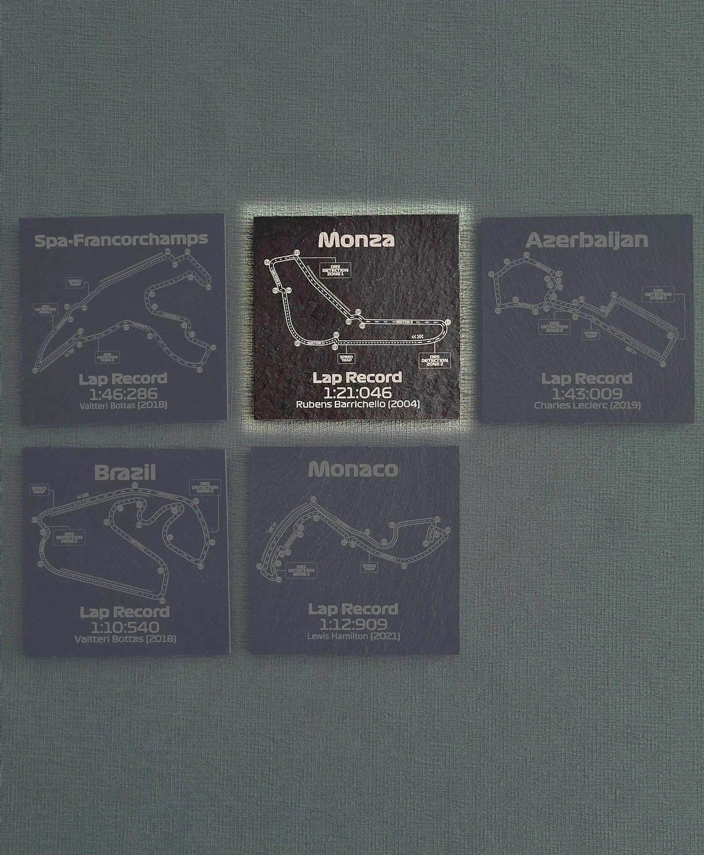 Engraved F1 slate coaster set with Monza, Spa-Francorchamps, Monaco circuit maps and lap records, perfect F1 fan gift.
