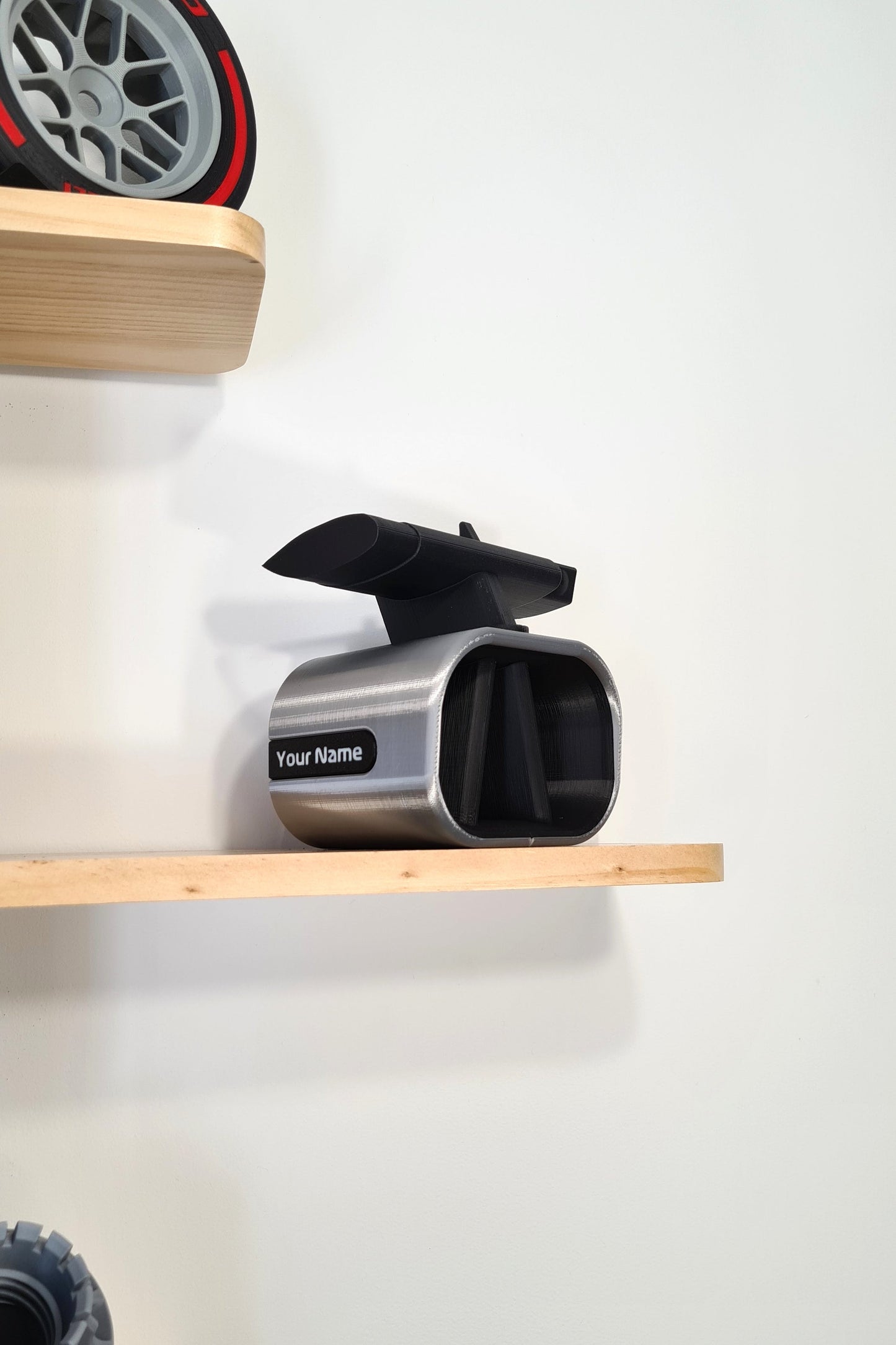 Custom F1 car exhaust 3D printed replica with personalized 'Your Name' display, ideal F1 fan gift.