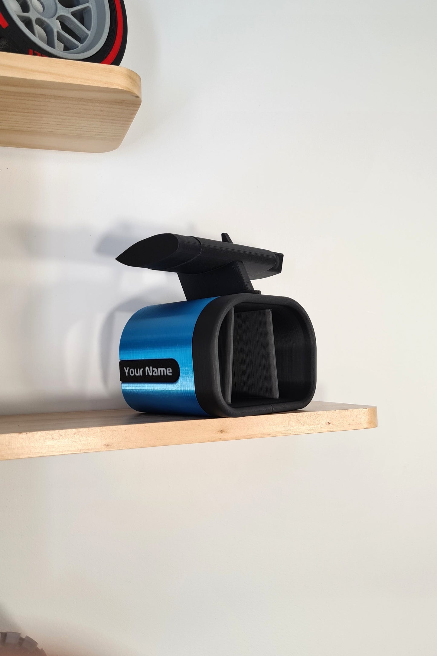 Custom blue F1 rear wing replica desk organizer, 3D printed pen holder for F1 fans.
