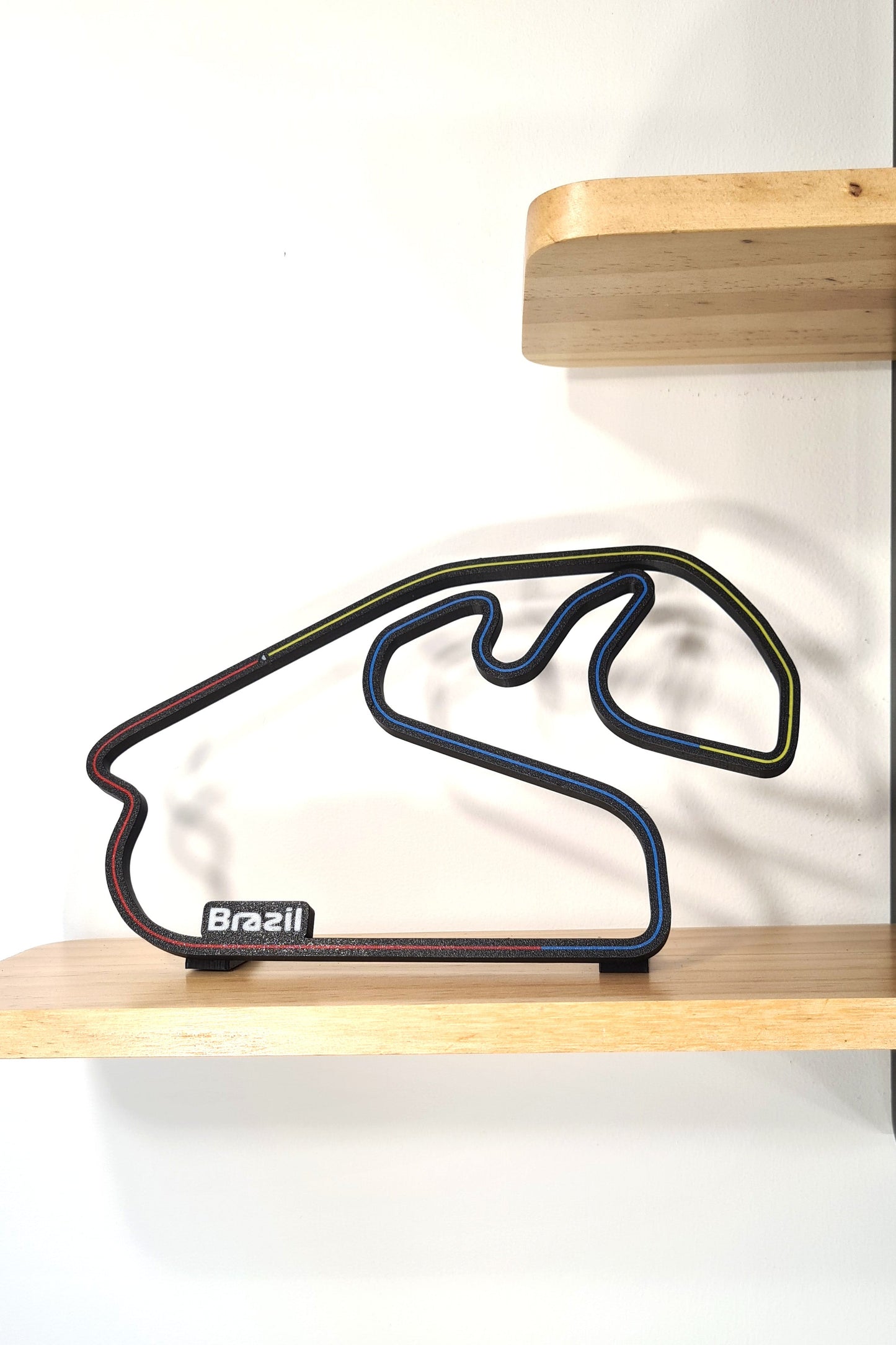 Brazil Formula 1 circuit 3D track display model, black with red, blue, yellow F1 tire colors, ideal F1 fan gift.