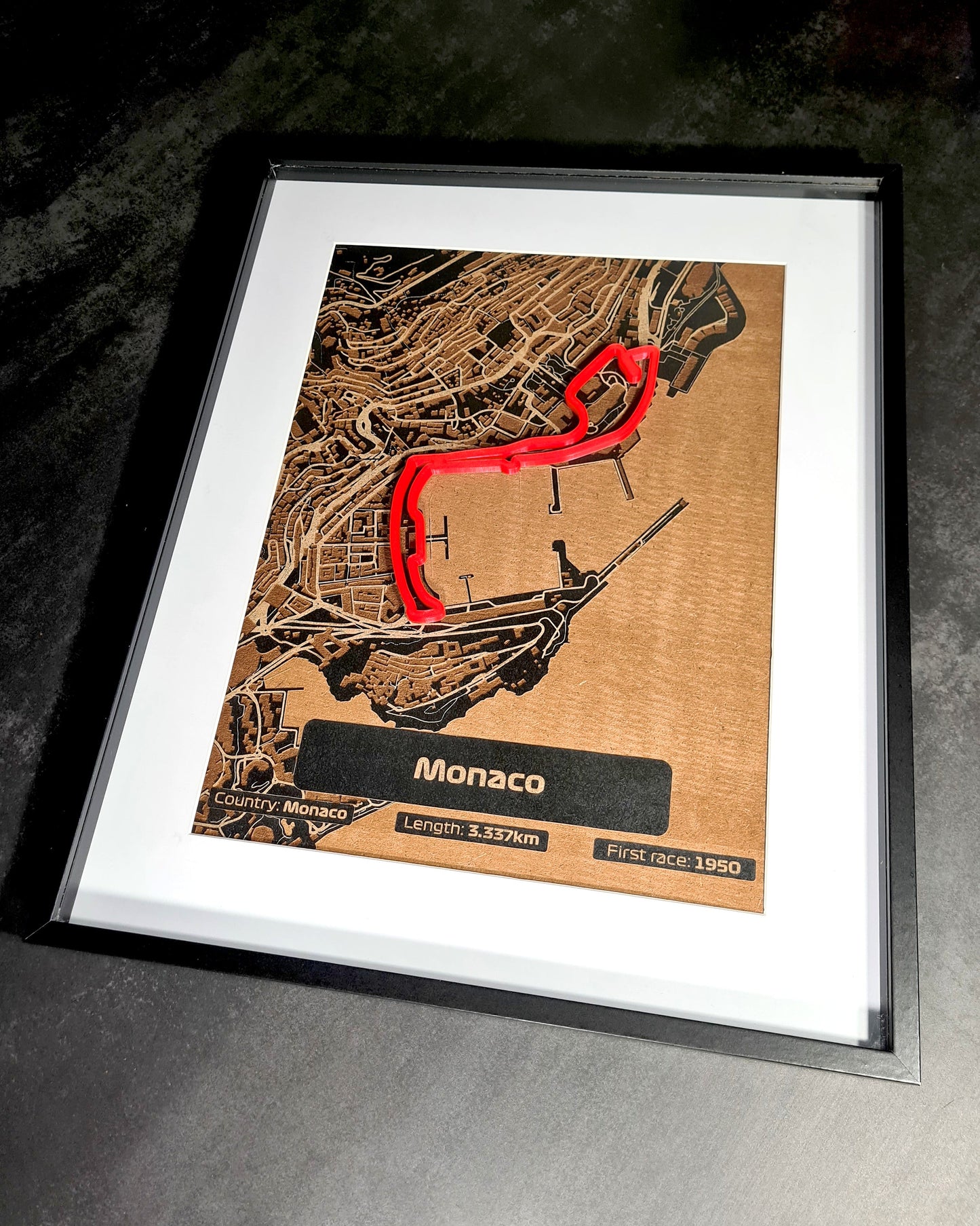 Monaco Formula 1 circuit 3D wood track map framed wall art, ideal F1 fan gift.