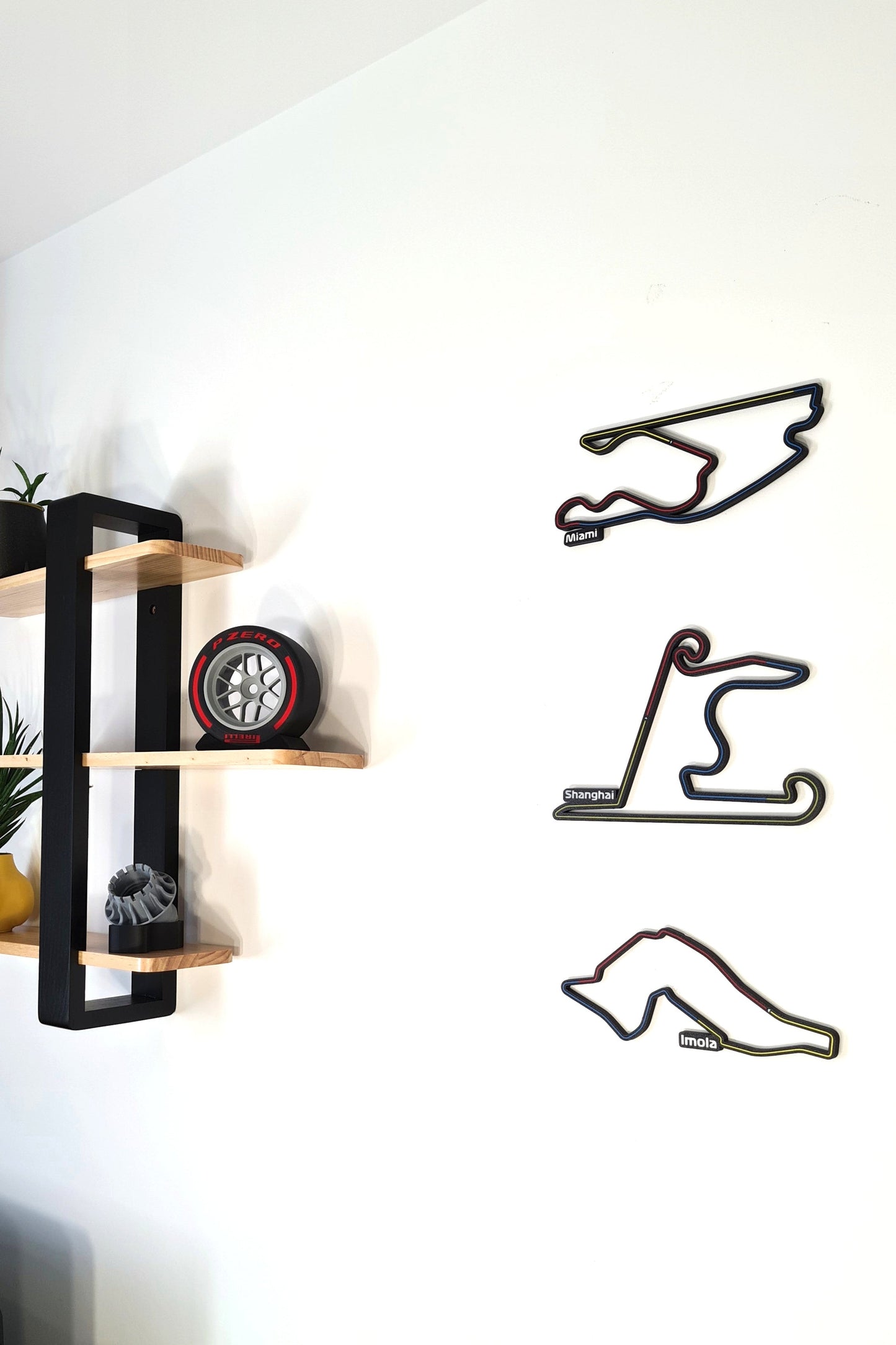 Miami, Shanghai, Imola F1 circuit 3D track wall art and Pirelli F1 racing tire replica.