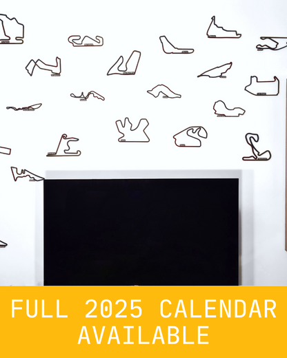 Wall decorated with Canadian Grand Prix track outline and other Formula 1 circuits for simracing enthusiasts. Includes a black display space below and text highlighting the availability of a full 2025 calendar.