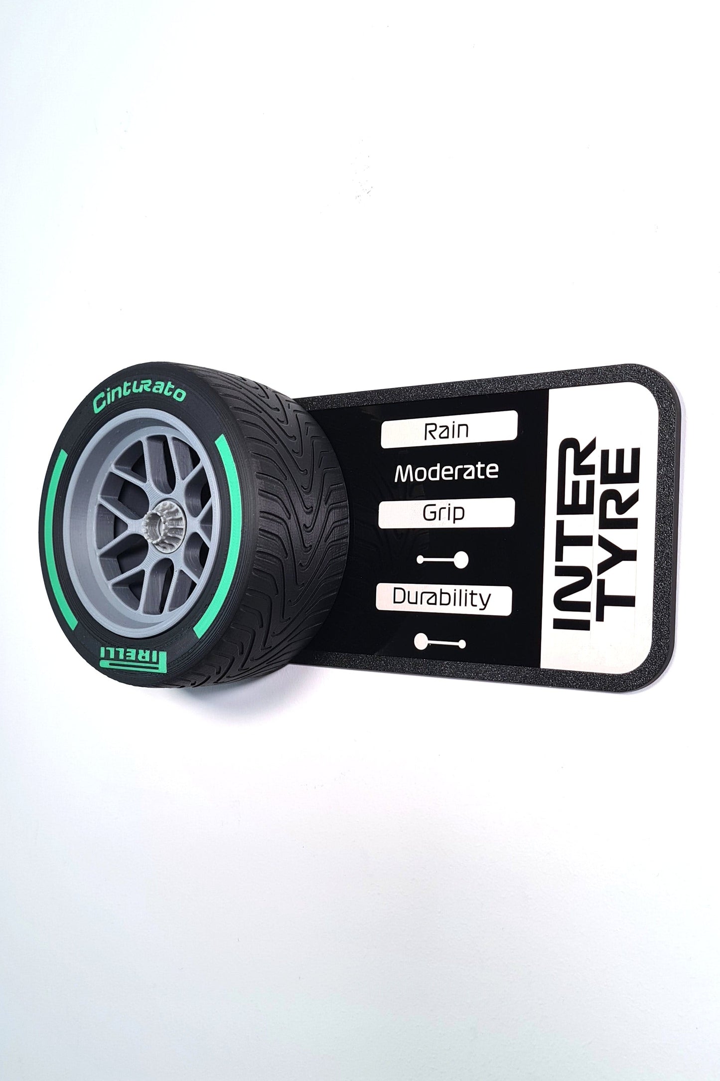 Pirelli F1 Cinturato green wet tire 3D replica with display plaque, ideal F1 fan gift.