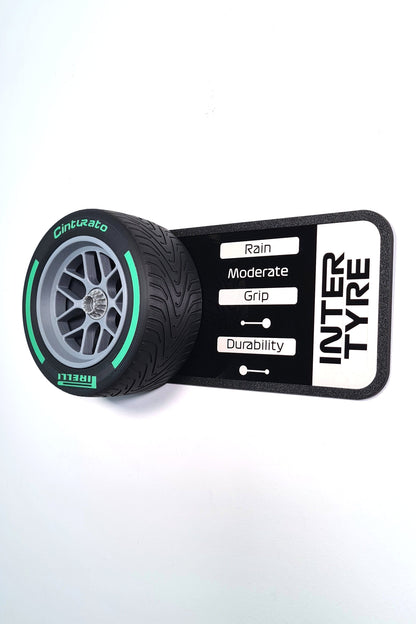 Pirelli F1 Cinturato green wet tire 3D replica with display plaque, ideal F1 fan gift.