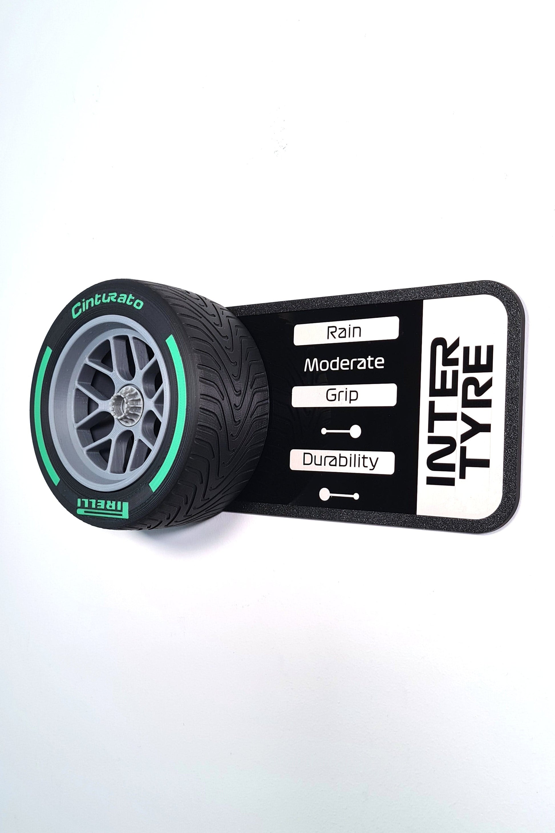 Pirelli Cinturato green intermediate F1 tire replica wall art with wet weather data display for F1 fans.
