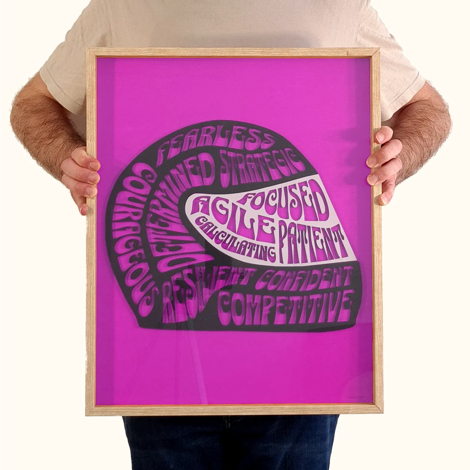 Framed F1 helmet wall art with driver qualities typography on magenta, unique motorsport fan gift.