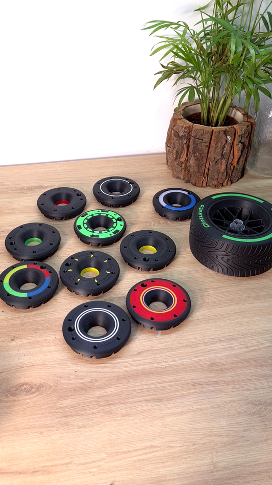 F1 Pirelli wheel replica and interchangeable tire compound display discs: red, yellow, green, blue, white. Great F1 fan gift.