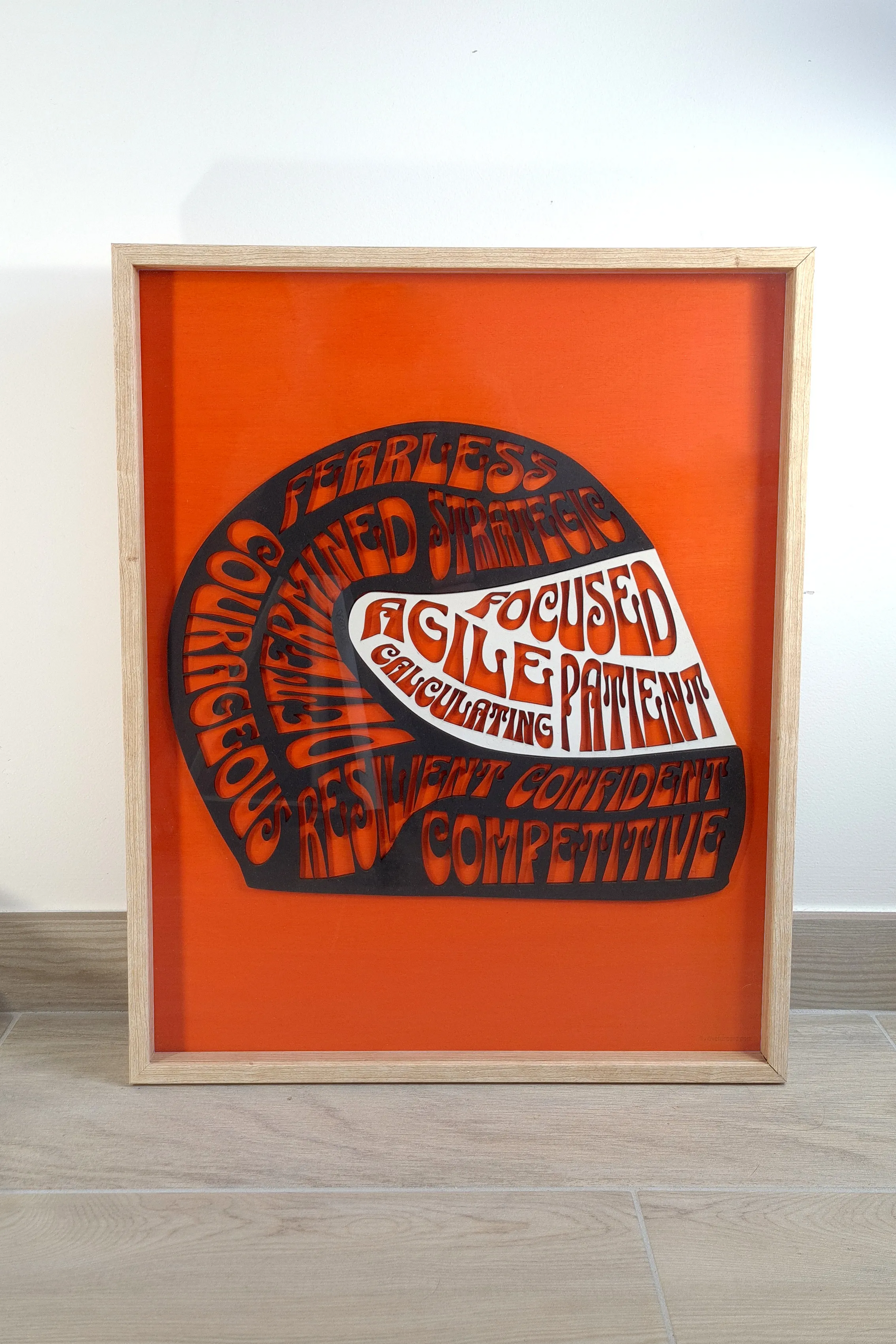 Framed F1 racing helmet wall art with driver qualities text, orange background, perfect F1 fan gift.