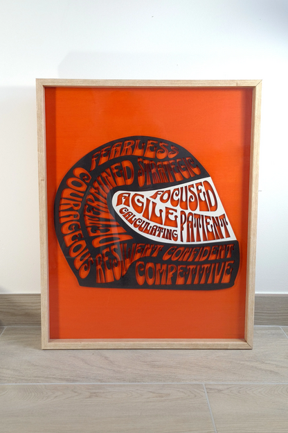 Framed F1 racing helmet wall art with driver qualities text, orange background, perfect F1 fan gift.