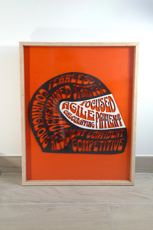 Framed F1 racing helmet wall art with driver qualities text, orange background, perfect F1 fan gift.
