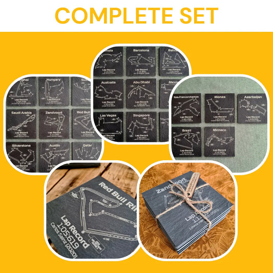 Complete F1 track slate coaster set, showing Grand Prix circuits, lap records, driver names. Perfect F1 fan gift.