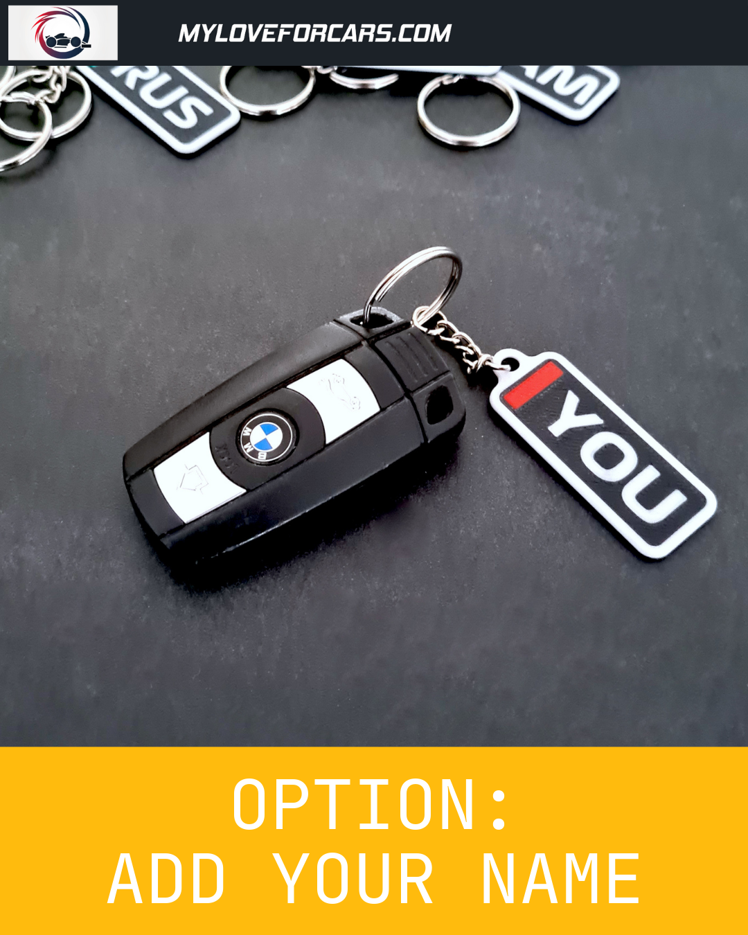 Custom F1 keychain with "LEC" tag rests beside house keys on a wooden table, background includes a black plant pot and a Pirelli tire clock. Ideal for motorsport enthusiasts.