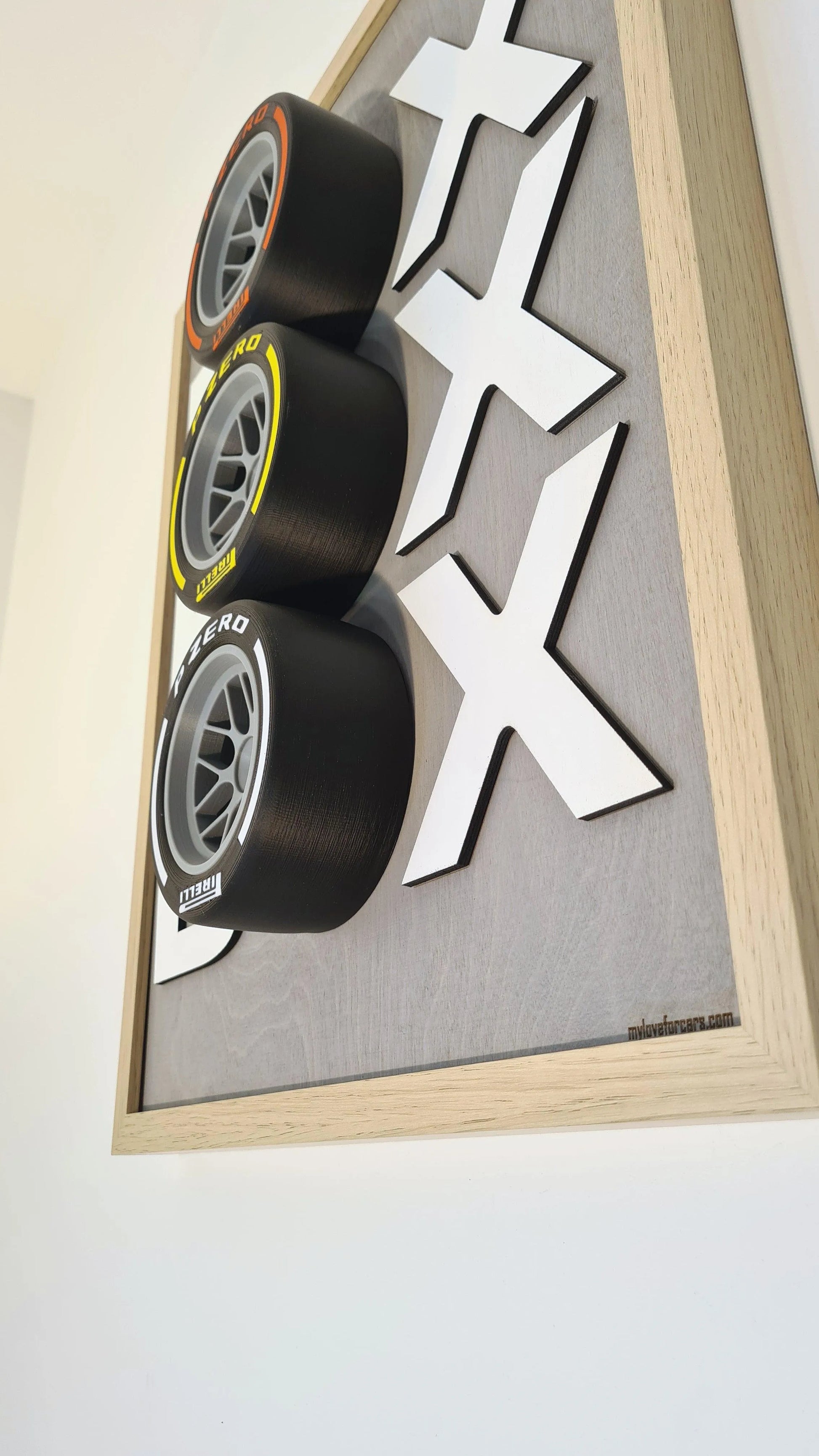 Box Box Box - Gray - framed multilayered laser cutted wood with 3 tyre replicas - MyLoveForCars