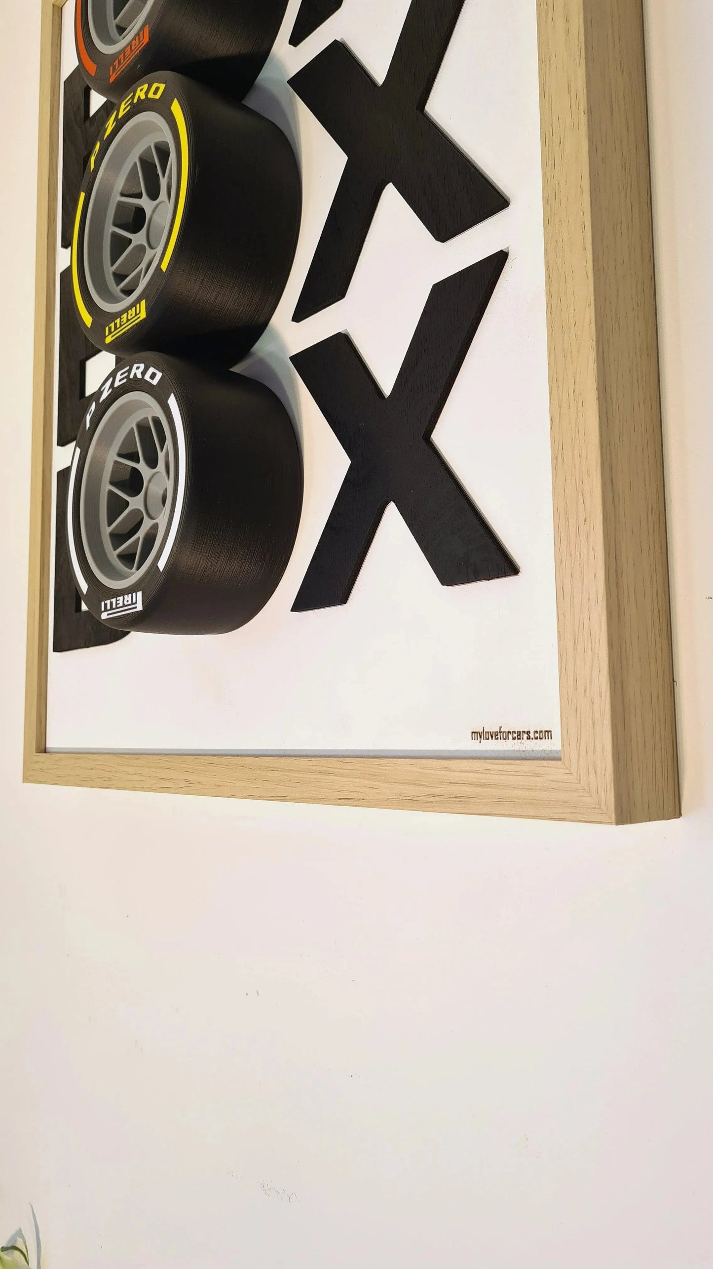 Box Box Box - white - framed multilayered laser cutted wood with 3 tyre replicas - MyLoveForCars