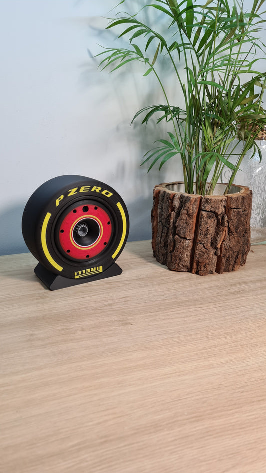 Pirelli P Zero yellow F1 racing tire replica display model, perfect Formula 1 fan gift.
