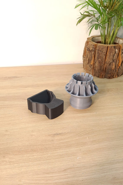 Grey 3D printed F1 wheel hub replica and black display stand, ideal F1 fan gift.