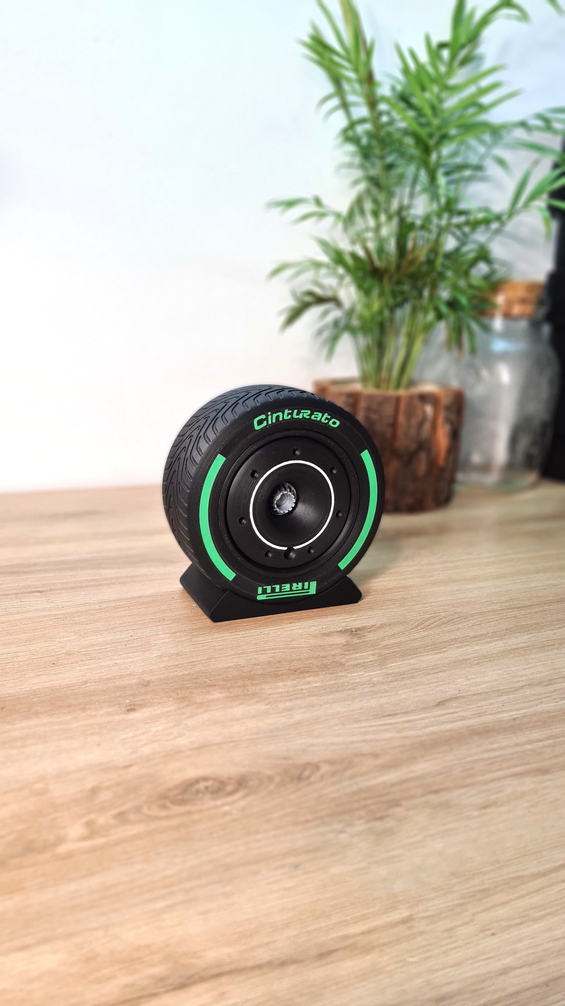 Green Pirelli Cinturato F1 intermediate wet tire replica desk ornament, motorsport gift.