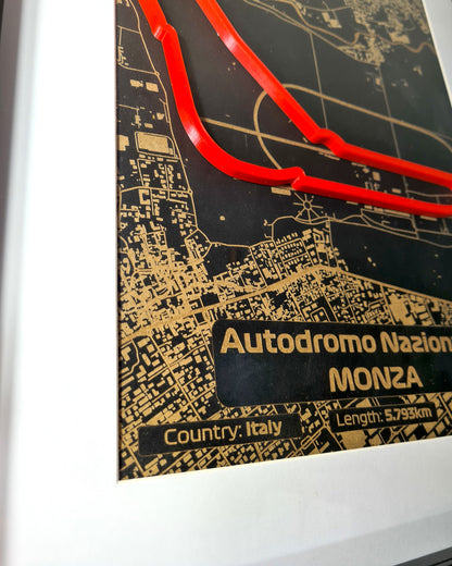 Monza Formula 1 circuit 3D track wall art with black and gold city map, unique F1 fan gift