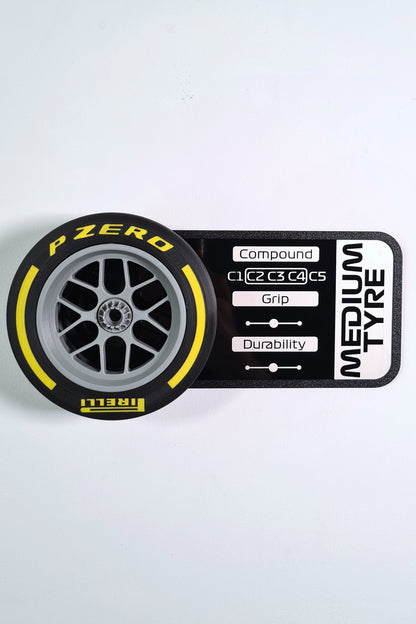 Pirelli Formula 1 medium tyre replica with yellow stripe and pit wall display board, F1 fan gift.