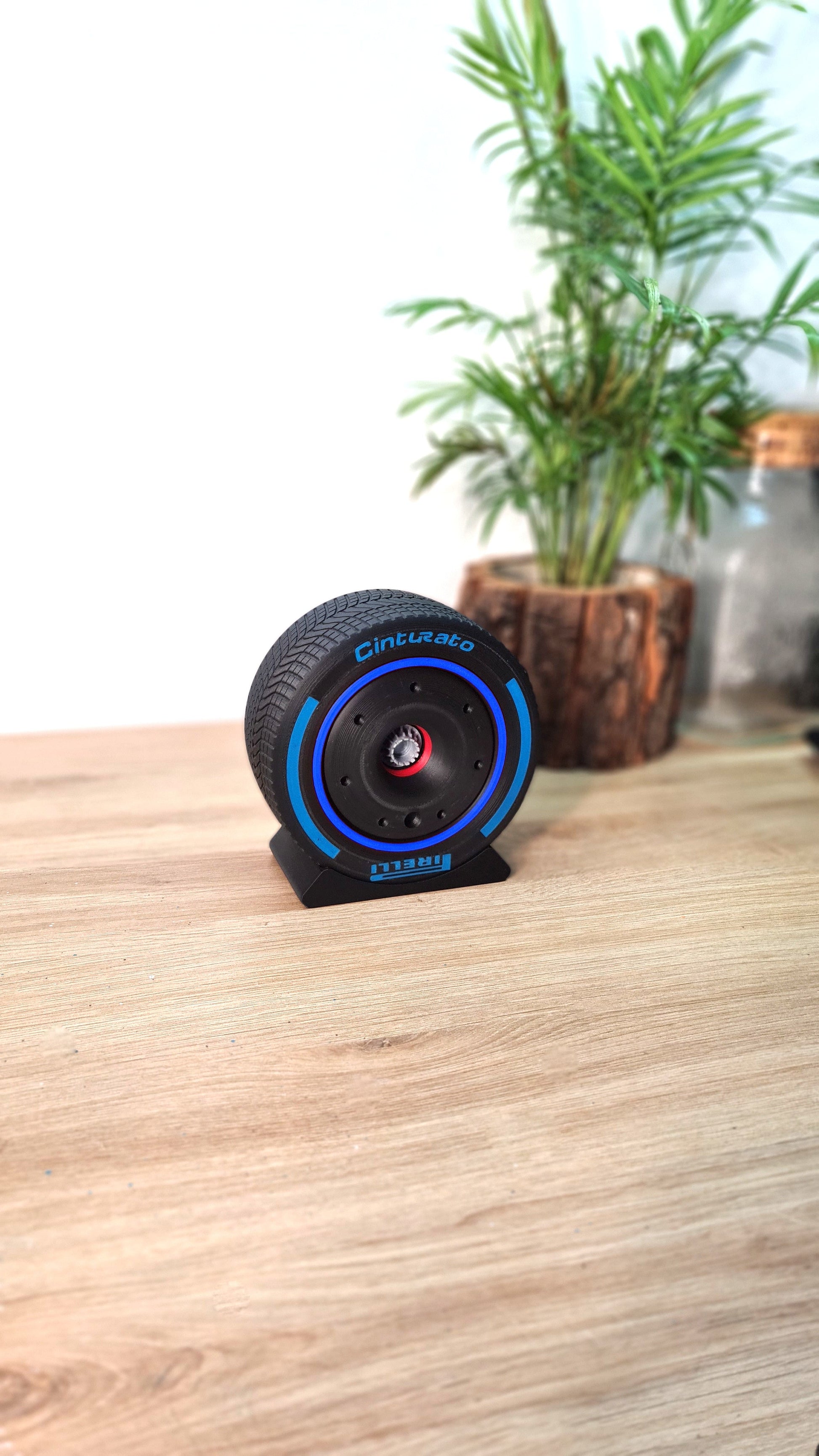 Pirelli Cinturato blue F1 intermediate tire replica desk display model, unique Formula 1 fan gift.