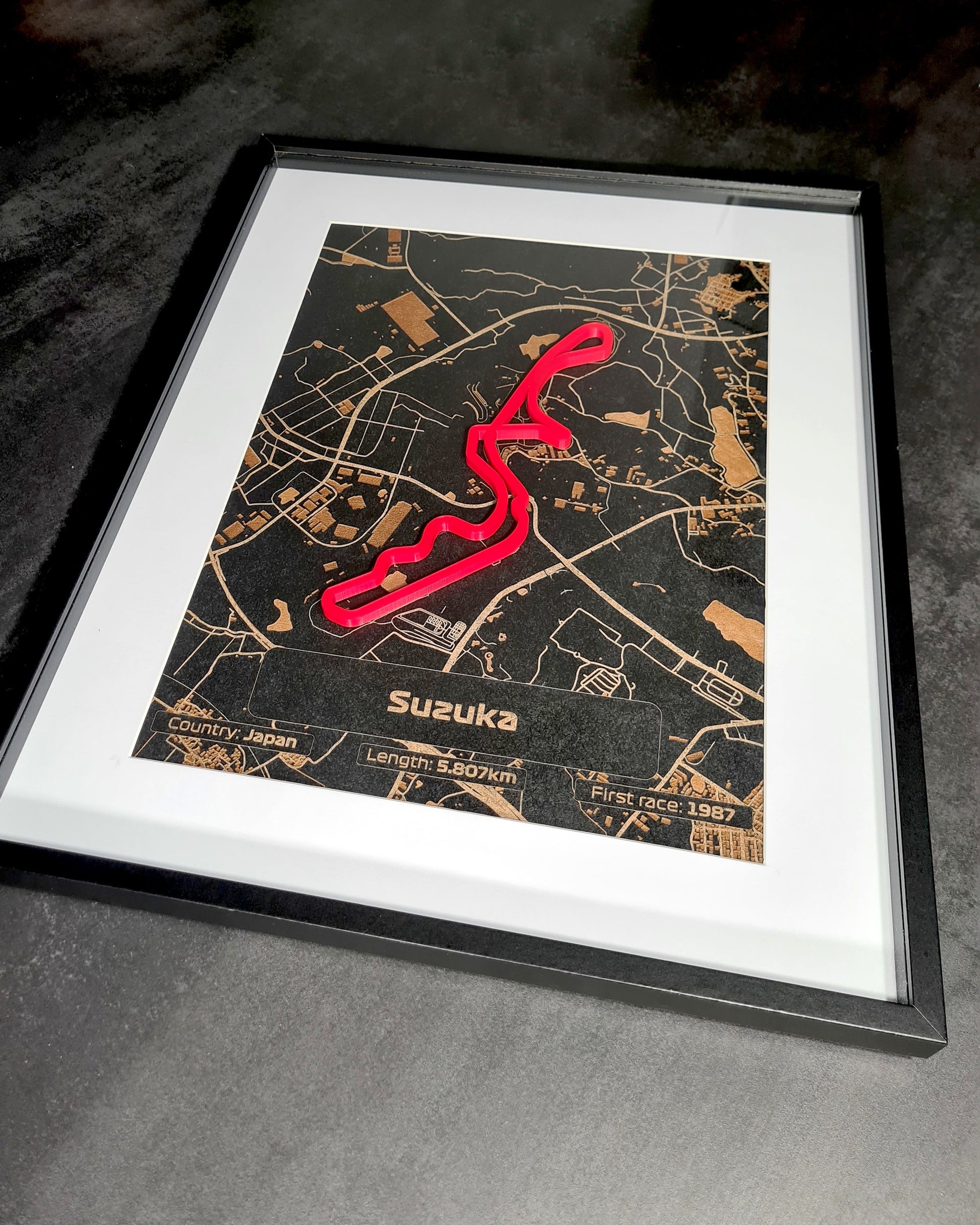 Suzuka Japan Formula 1 circuit 3D framed wall art with red track, unique motorsport decor.