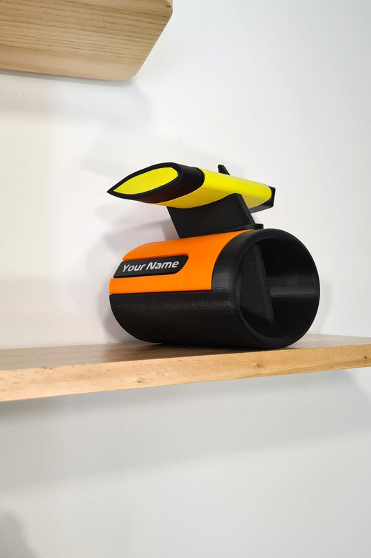 Personalized yellow and orange 3D printed F1 rear wing desk organizer, perfect F1 fan gift.