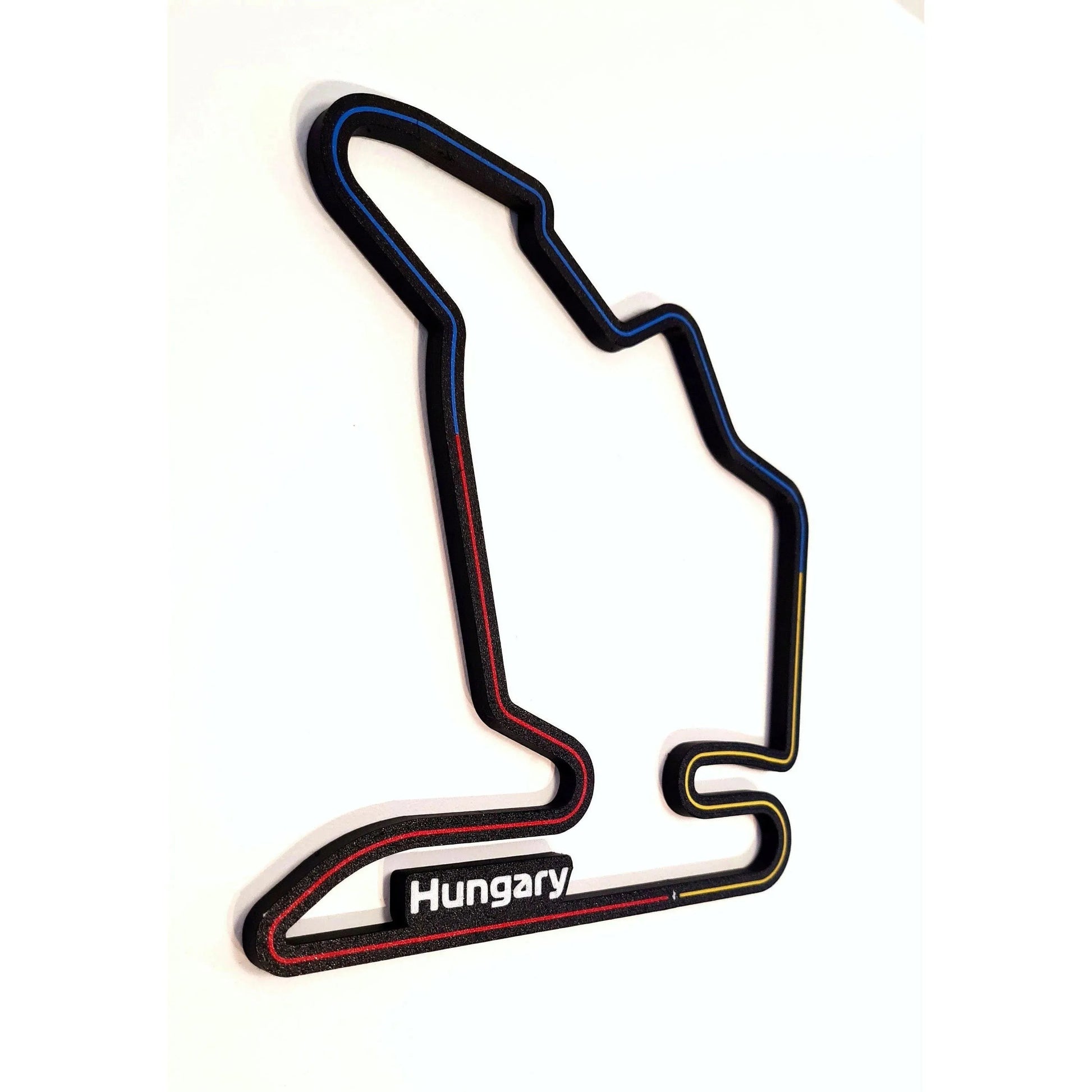 Hungary F1 circuit 3D printed track wall art, black with red, blue, yellow details, F1 fan decor