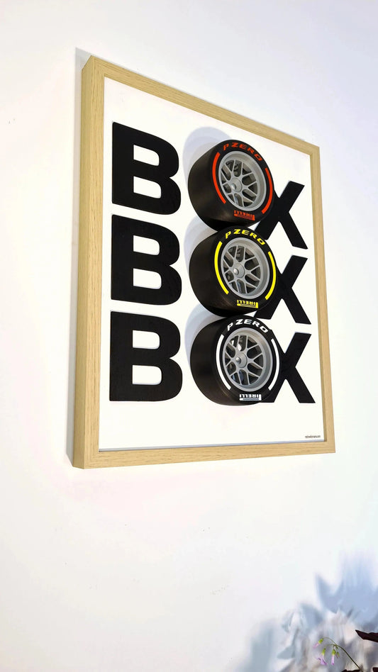 F1 'BOX' 3D wall art featuring Pirelli hard, medium, soft compound tires. Unique F1 fan gift.