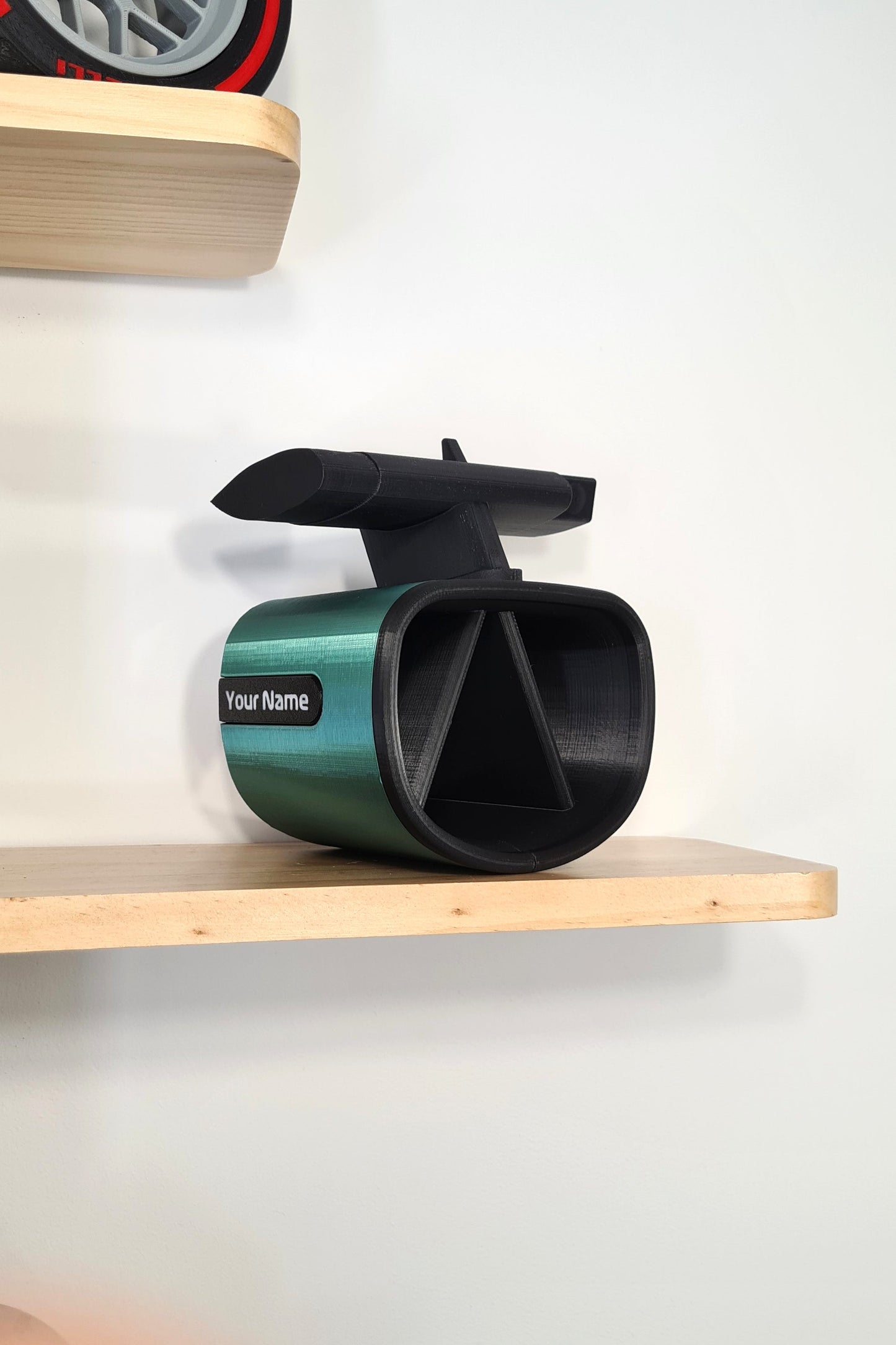Personalized green and black F1 car rear wing 3D printed pen holder, unique F1 fan desk organizer gift.