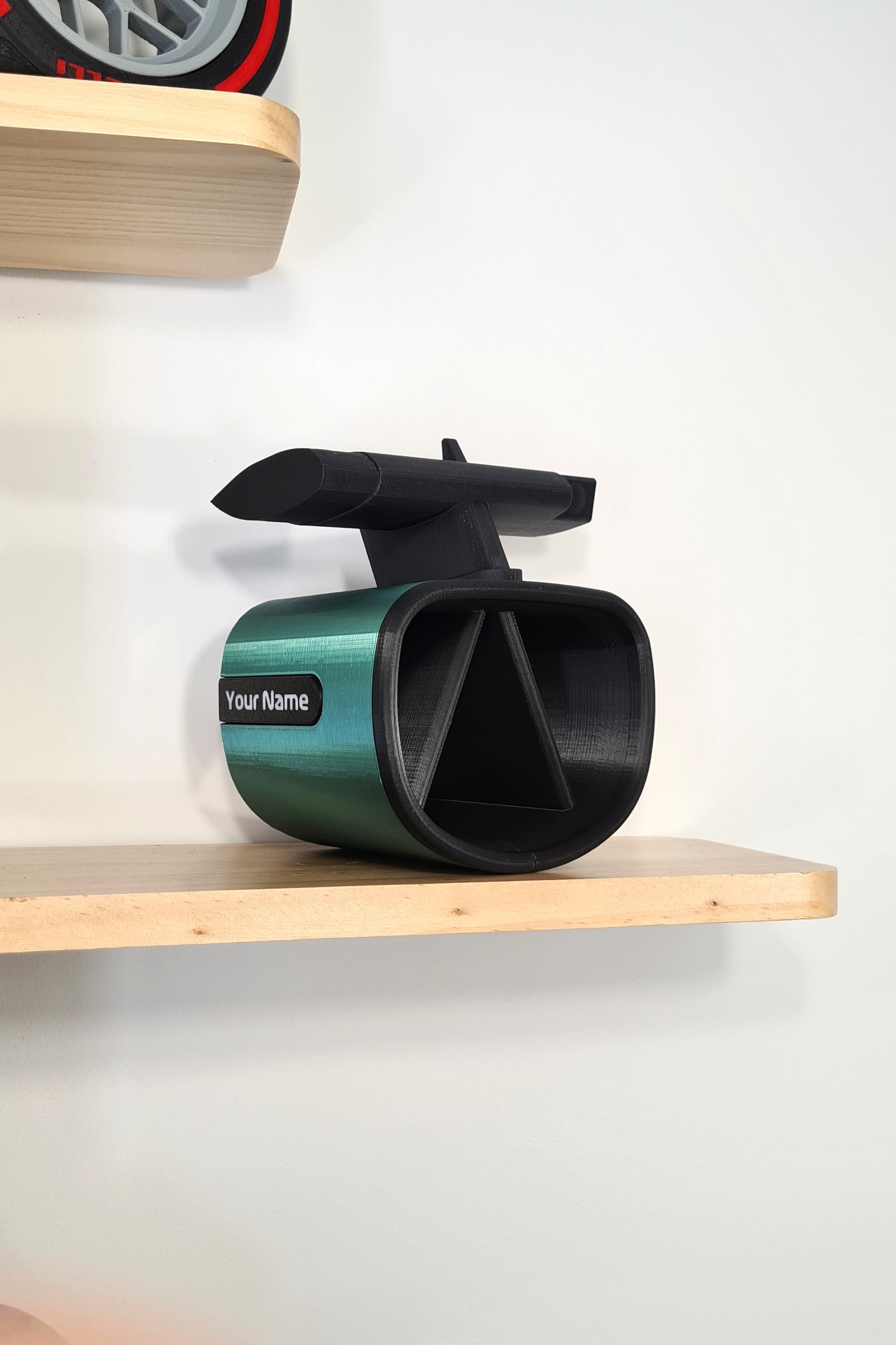 Personalized green and black F1 car rear wing 3D printed pen holder, unique F1 fan desk organizer gift.