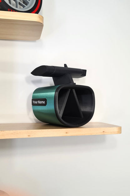 Personalized green and black F1 car rear wing 3D printed pen holder, unique F1 fan desk organizer gift.