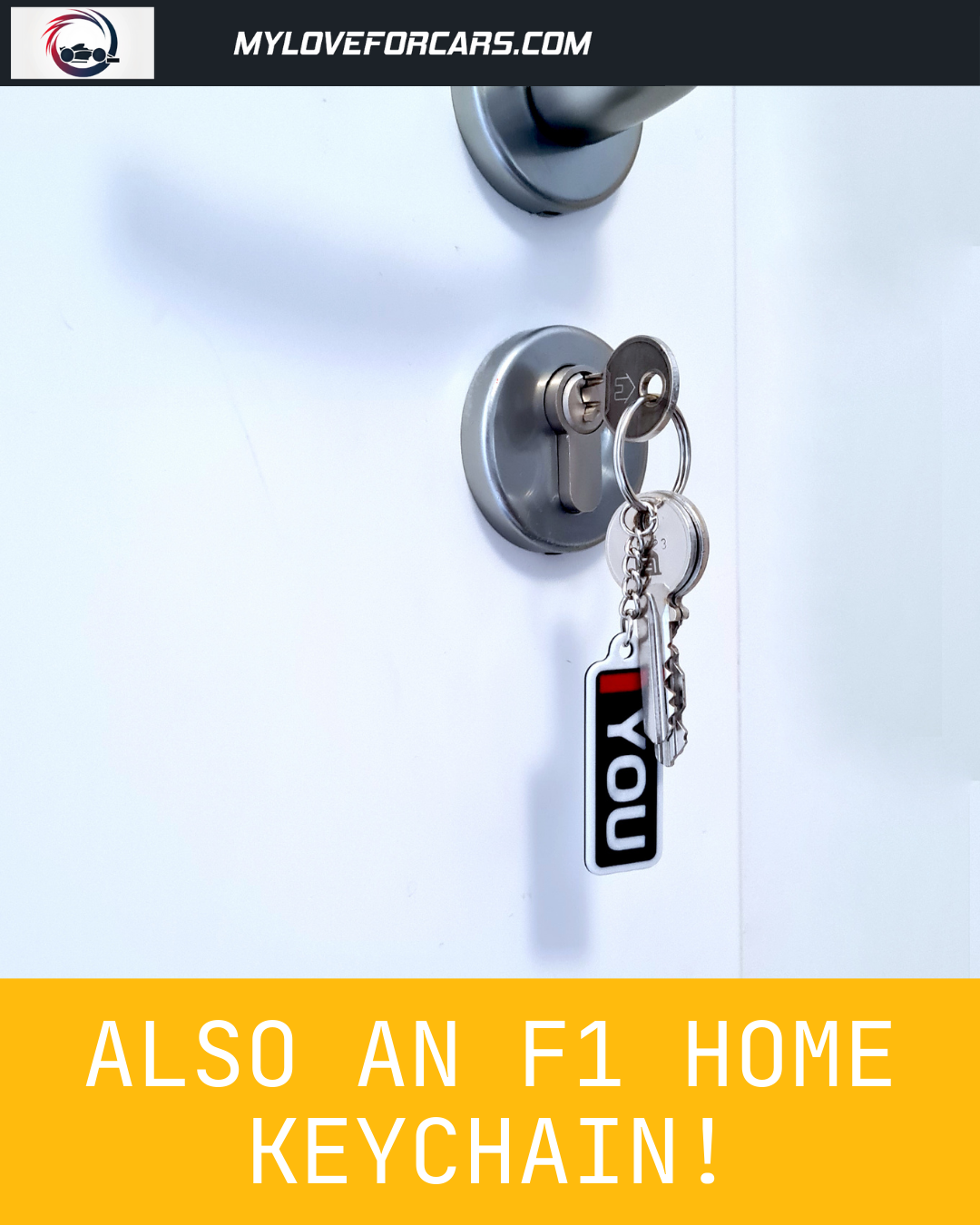 Custom F1-inspired keychain with the initials "LEC" displayed prominently, set against a wooden table beside houseplant and a Pirelli tire clock. A sleek accessory for motorsport fans.