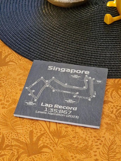Singapore Formula 1 circuit map slate coaster featuring Lewis Hamilton's 2023 lap record, ideal F1 fan gift.