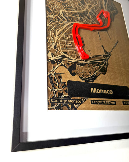 Framed 3D Monaco Formula 1 Grand Prix circuit track map wall art, F1 fan decor gift.