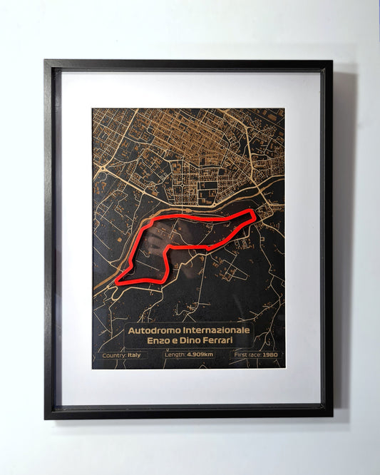 Autodromo Enzo e Dino Ferrari F1 circuit 3D track map wall art, black & gold framed