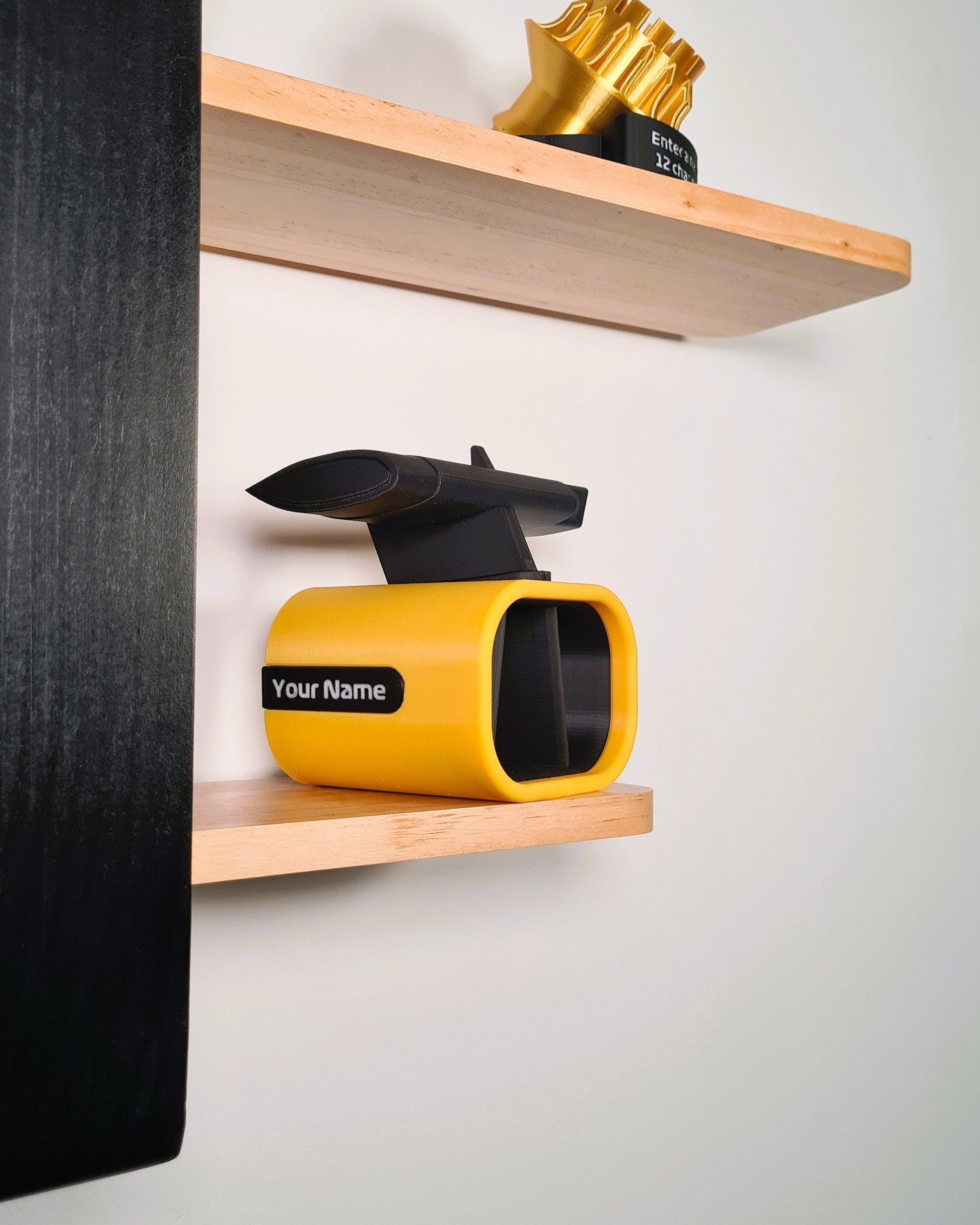 Personalized yellow and black F1 car rear wing desk organizer, perfect motorsport fan gift.