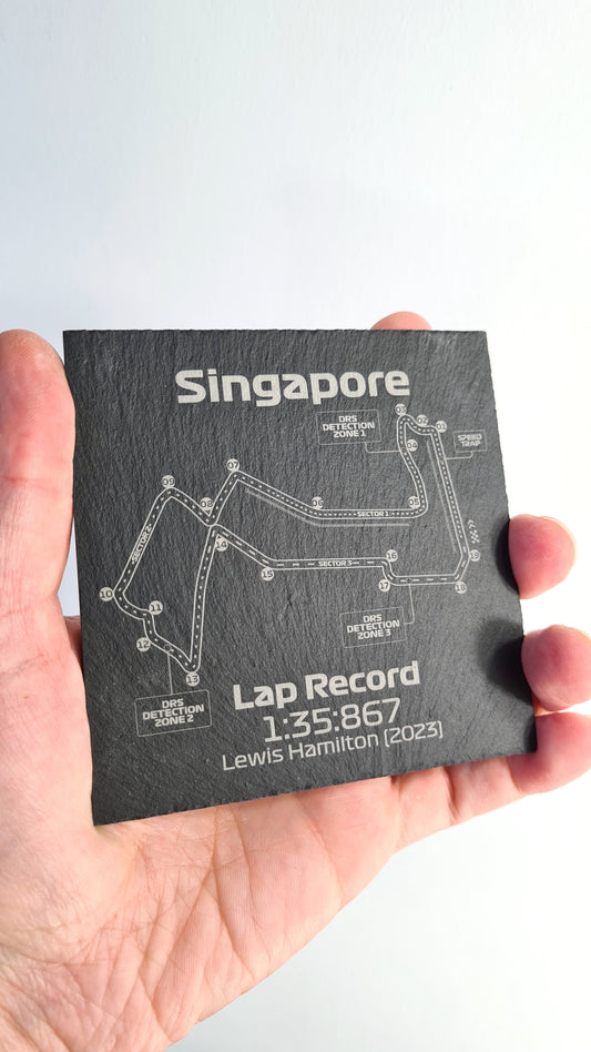 Singapore Formula 1 circuit slate coaster, laser engraved track map with Lewis Hamilton's 2023 lap record. Perfect F1 fan gift.