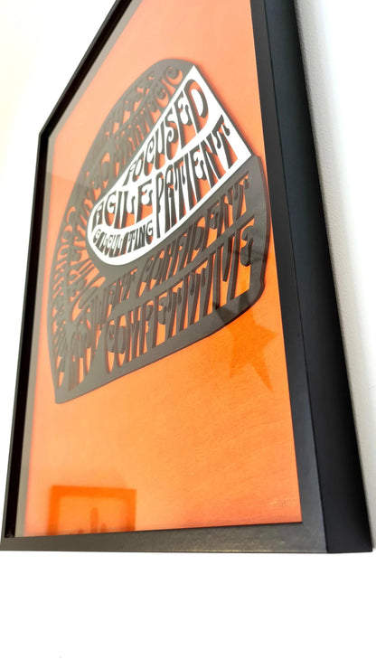 Black cutout "Focused Agile Patient" motivational framed wall art on orange, unique F1 motorsport fan gift.