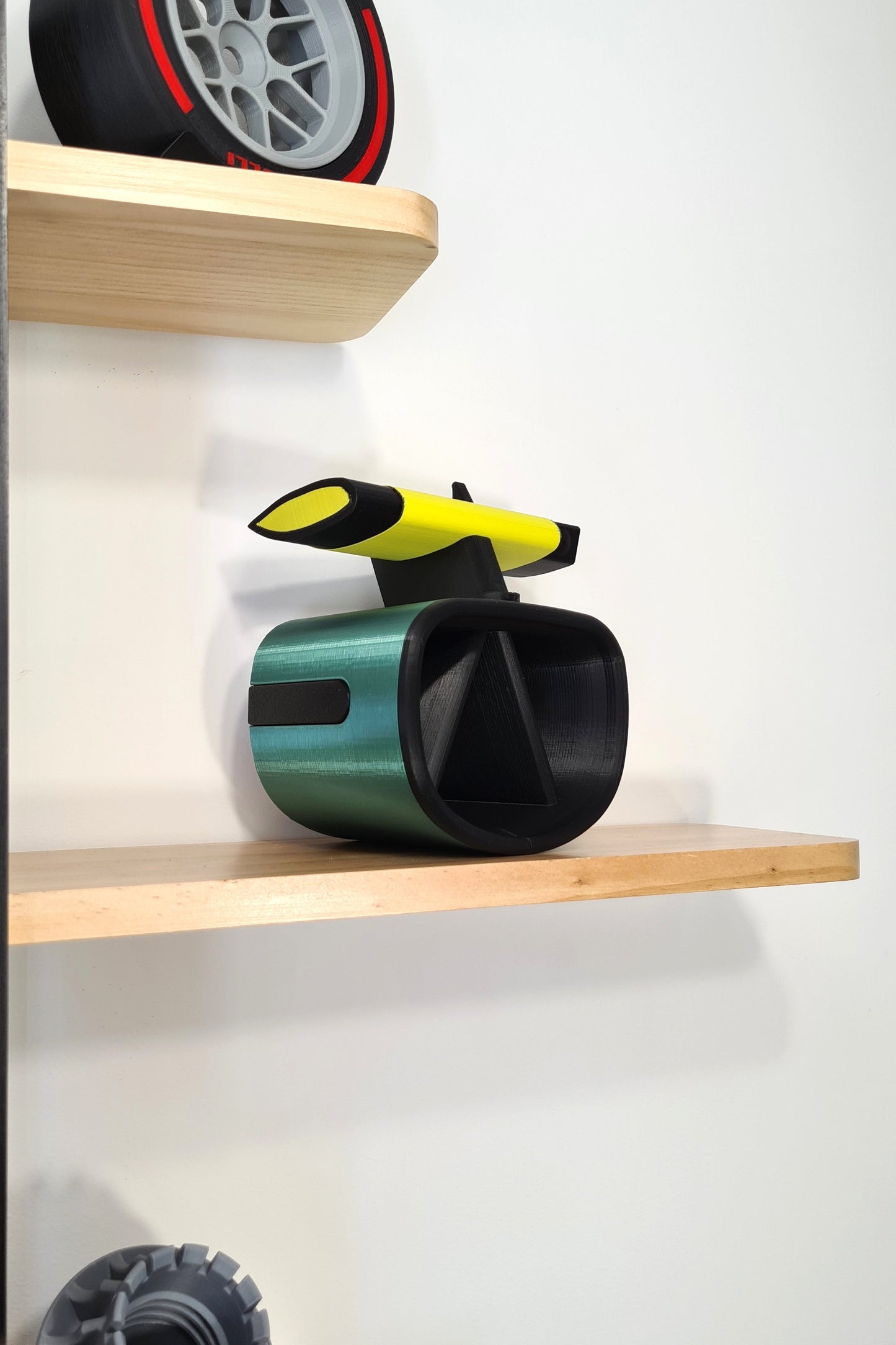 Green and yellow F1 car inspired 3D printed desk organizer, perfect F1 fan gift.